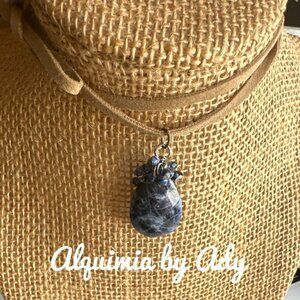 Big faceted lapis lazuli raindrop suede wrap around statement necklace